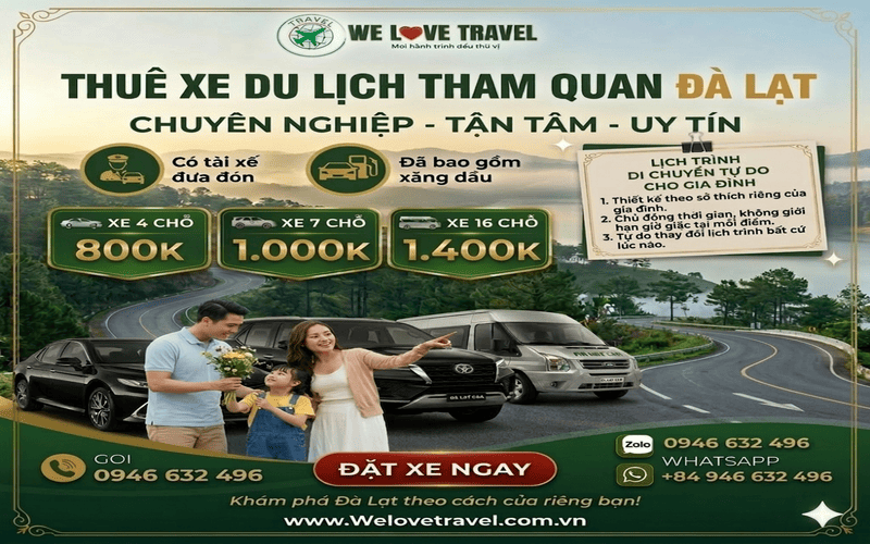 Thuê xe Sân Bay Liên Khương đi Đà Lạt - Giá ưu đãi 2026 Cho thuê xe 4 chỗ , 7 chỗ ,16 chỗ Đà Lạt - Welovetravel